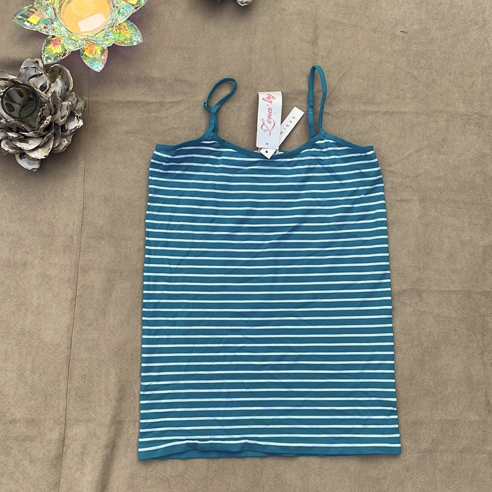 💄 NEW Zena SEAMLESS adjustable strap teal green striped cami tank top - S